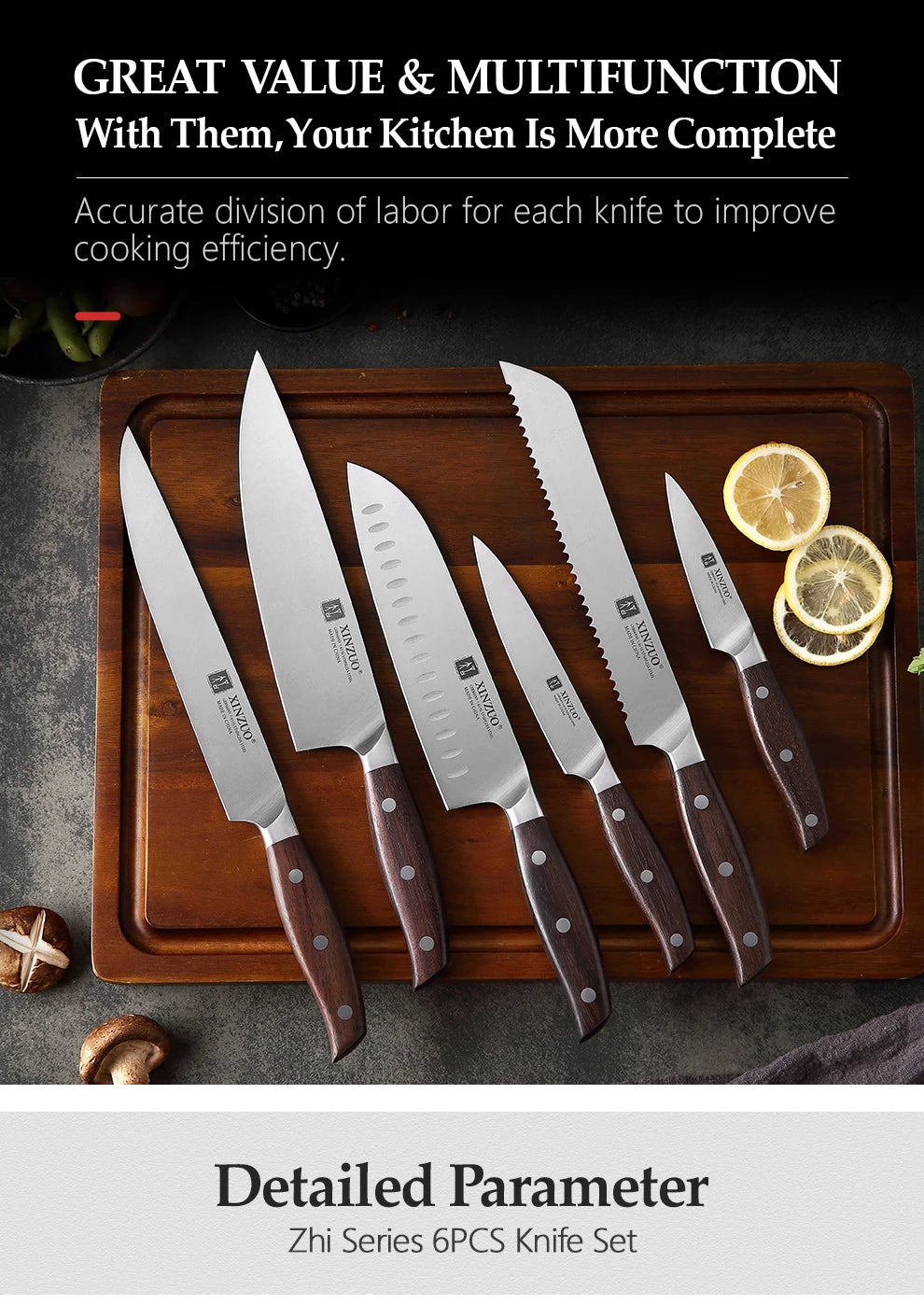 XINZUO Kitchen Tools 6 PCS Kitchen Knife Set Utility Cleaver Chef Bread Fruit Santoku Knives Stainless Steel Kitchen Knife Sets