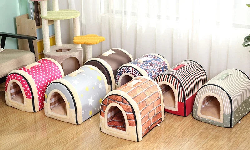 Pet Bed Foldable Dog House Kennel Soft Tent Indoor Enclosed Warm Plush Sleeping Nest Basket with Removable Cushion For Cats Dogs