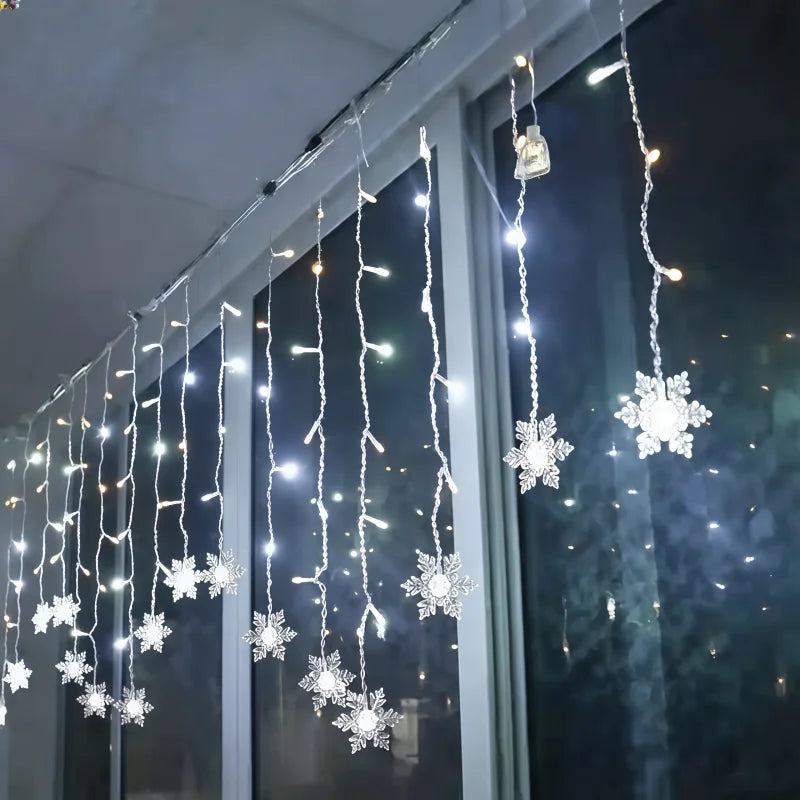 Snowflake Garland Christmas Lights Outdoor 2025 Led Icicle Curtain Garlands 9M 162LEDs Solar Power Waterproof IP44 New Year Xmas