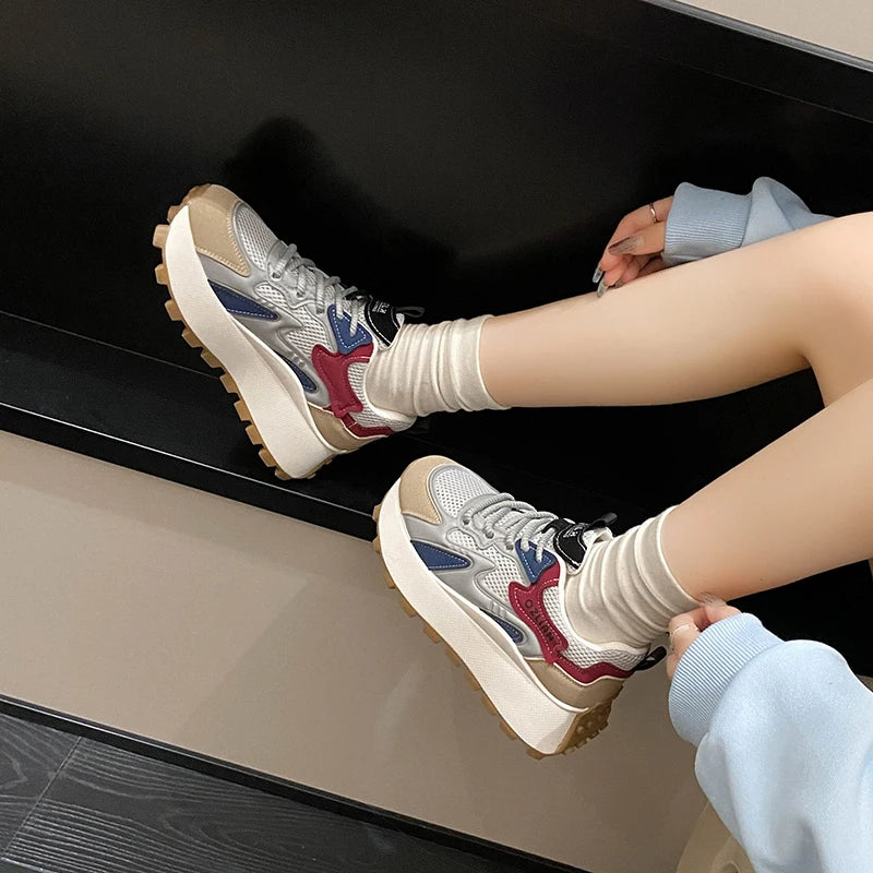 Women‘s Trendy Color-blocked Brand Design Thick-soled Sneakers 2024 Spring and autumn New  Lace-up Mesh Breathable Tennis Shoes