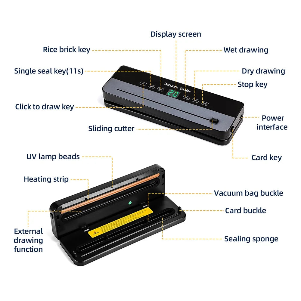 Electric Vacuum Sealer Machine Dry/Wet Food Packaging Seal To Keep Fresh Touch Buttons Digital Display Detachable Cleaning
