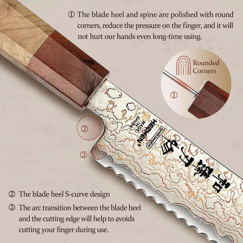 HEZHEN 1-5PC Knife Set 37 Layers Tricolour Copper Damascus Steel Chef Knife Classic Octagonal Handle Kitchen Knives Gift Box