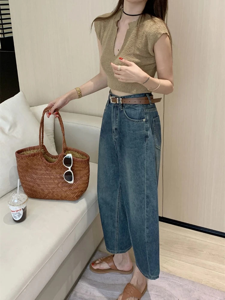 Jeans Women Solid Vintage All-match Spring Ladies Creativity Cool Simple Korean Style Daily Gentle Tender Graceful Age-reducing