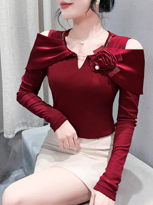 Femei tricou moda tricou bumbac Slim tee pentru doamne toamna îmbrăcăminte nouă mânecă lungă mărgele V-neck topuri