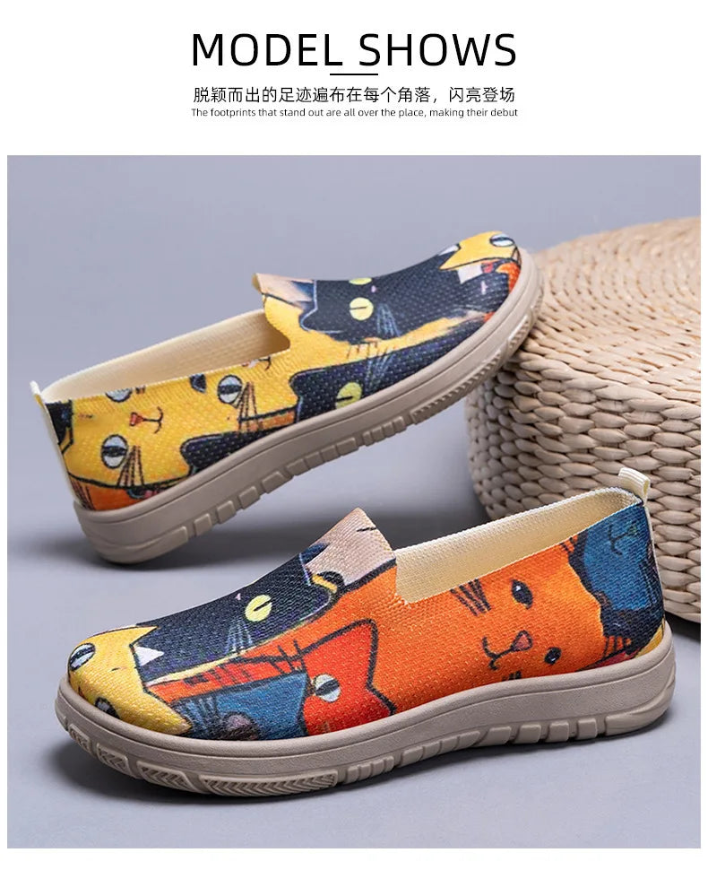 Women's Slip-On Sneakers Cat Print Spring Casual Shoes Plus Size Flat Sole Comfort Color Block Fabric Breathable Lightweight