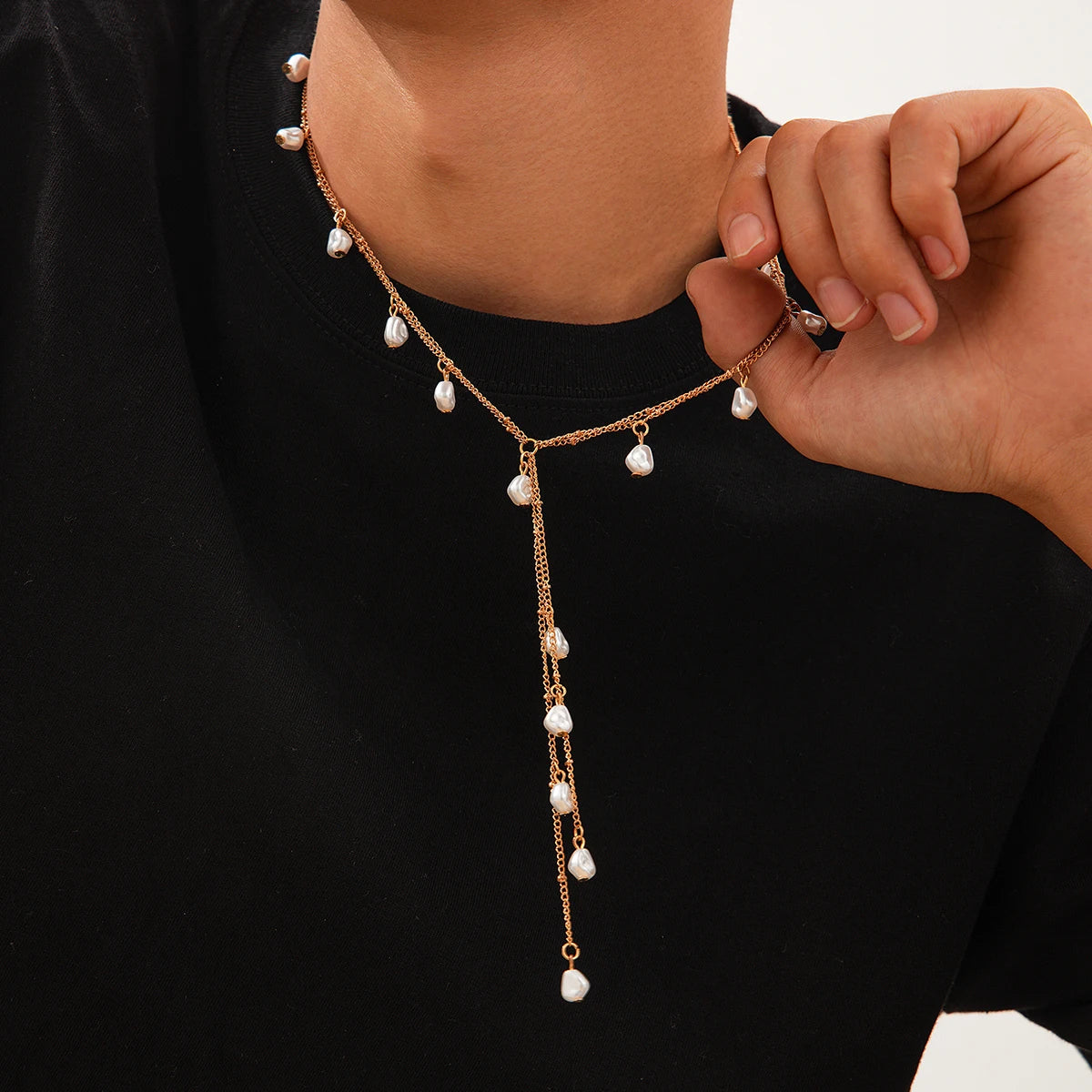 IngeSight.Z Creative Design Irregular Imitation Pearl Copper Tassel Long Chain Pendant Necklace for Men Women New Trend Jewelry