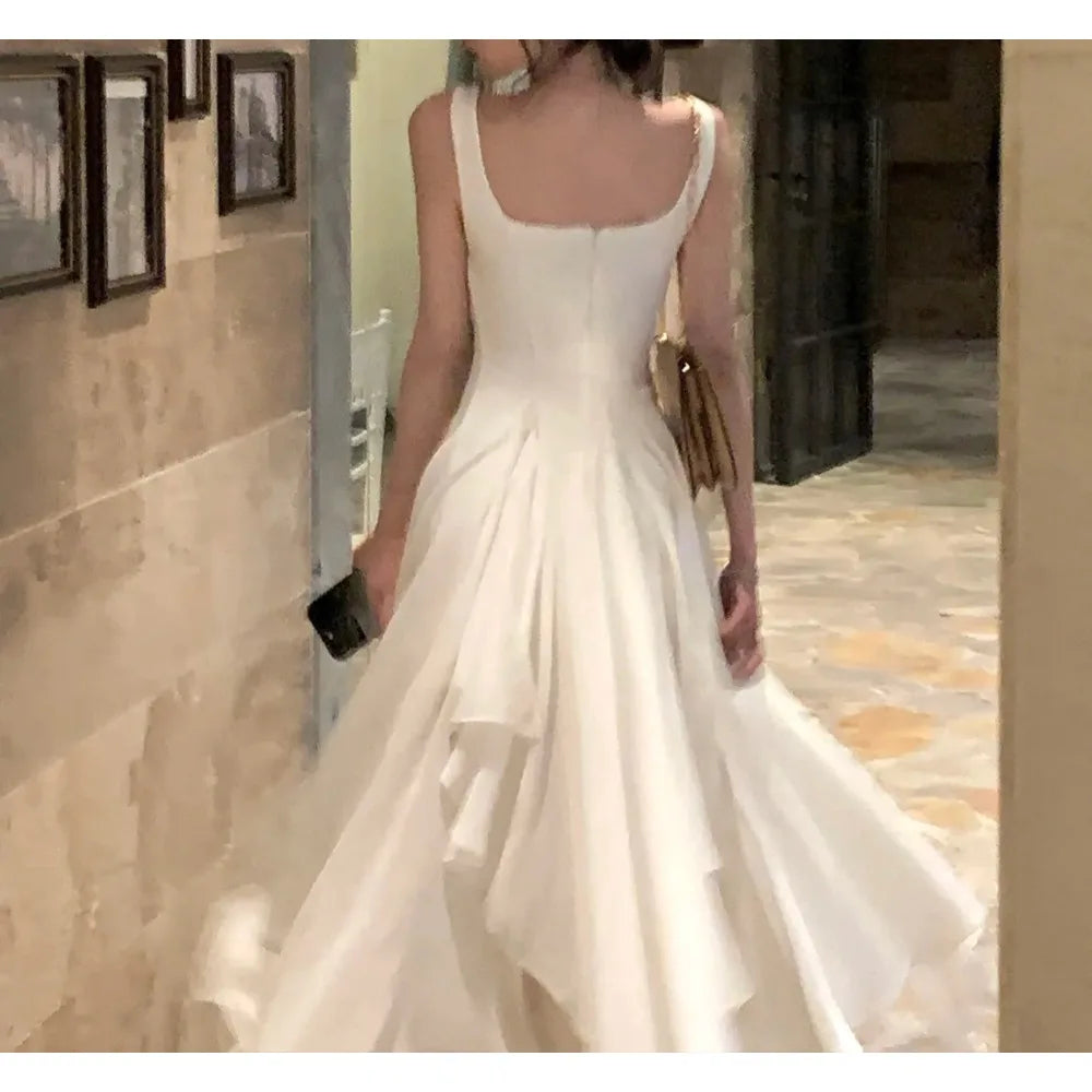 Elegant Dresses for Women Ruffles Sundress Evening Party Dress Sleeveless Square Collar A Line New Prom Robe Korean Vestidos