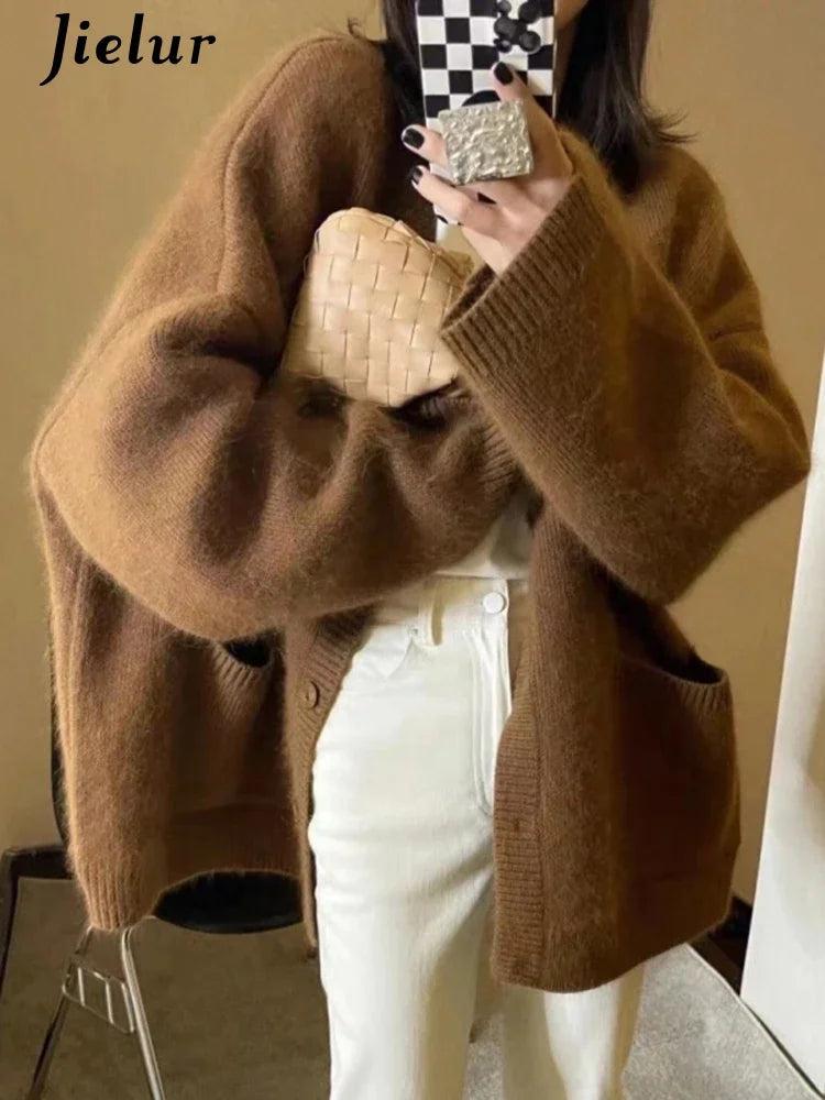 Jielur Damen V-Ausschnitt Strickjacke Mit Knopfleiste - Größe M, Material Polyester Baumwolle, Länge Regular