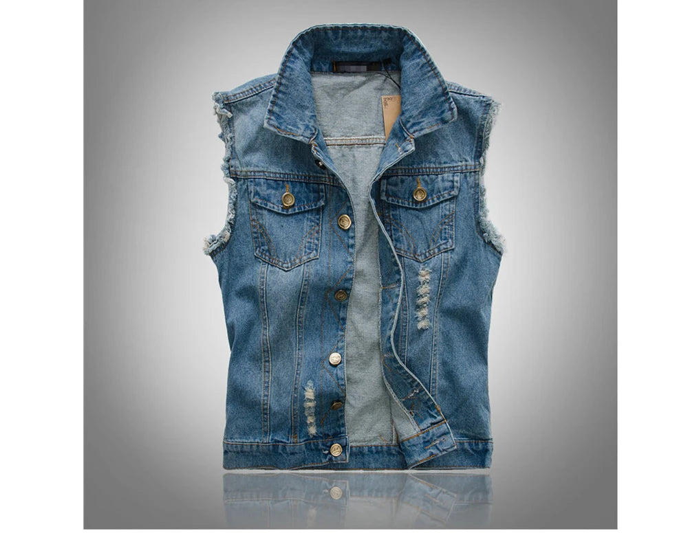 Men's Denim Vest Sleeveless Jackets Cotton Retro Streetwear Ripped Blue Jean Vests Fashion Hip Hop Waistcoat Men Clothing