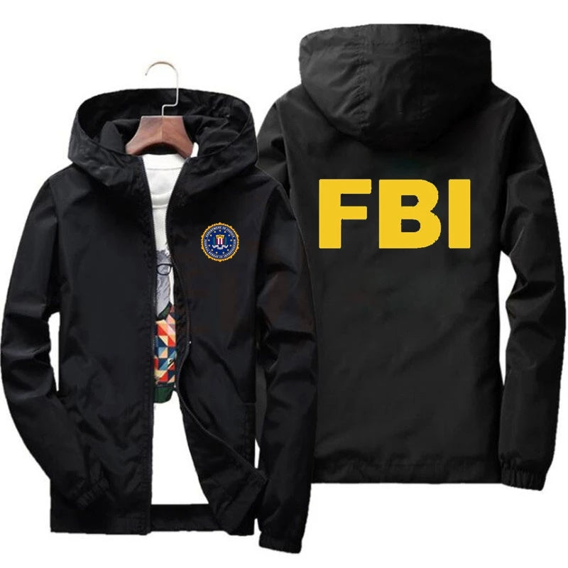 Jachetă bomber cu design grafic FBI - Mărimea M, cu fermoar ușor