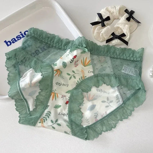 Floral Lace Women's Panties Middle Waist Plus Size Fashion Ice Silk Briefs Quick-drying Cotton Crotch Underpants Female Lingerie