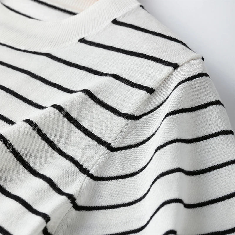 Women Knit T-Shirt 70% Mulberrry Silk 30% Cotton Round Neck Stripes Short Sleeve Sweater Pullover Top Shirt L XL XXL LY040
