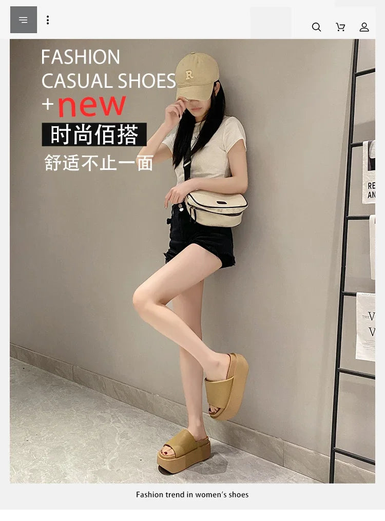 Summer Women Slippers Ladies Beach Flip-Flops Chunky Leather Shoes Wedges Heels Outside Sandals Woman High Platform Slippers 8CM