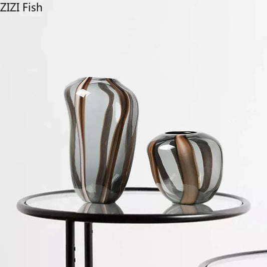 Colored Striped Glass Vase Table Decoration Flower Arrangement Creative Hydroponics Plant Pot Flowers Vases Room Aesthetic Decor - Golden Bridge Store