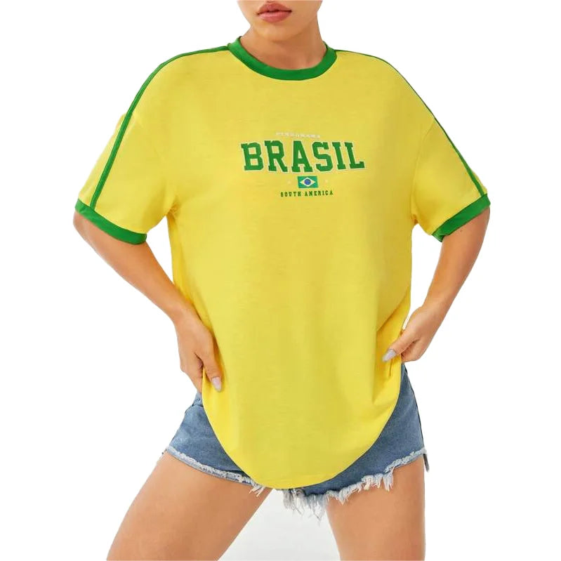 ZSSKASLCN Damen T Shirt Brasil Print - Grün Gelb Slim