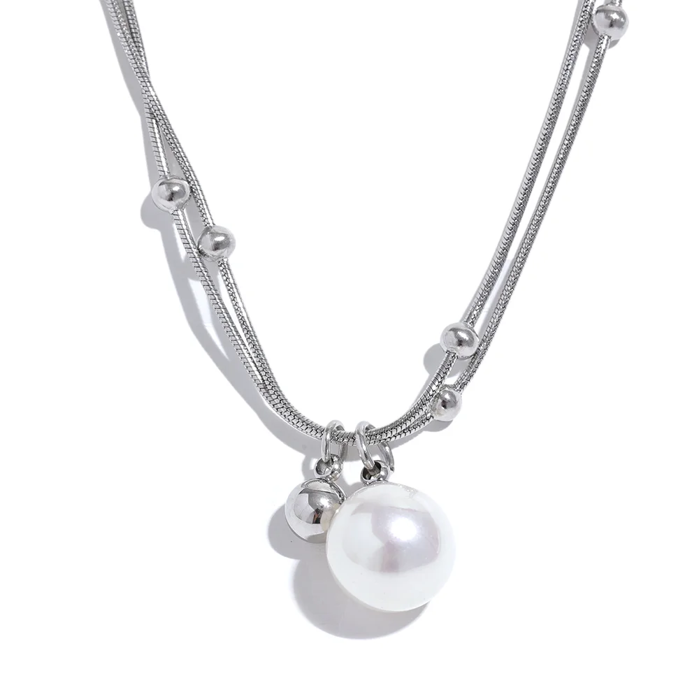 Yhpup Elegant Imitation Pearls Stainless Steel Round Beads Chain Pendant Necklace for Women Gold Silver Color Korean Jewelry