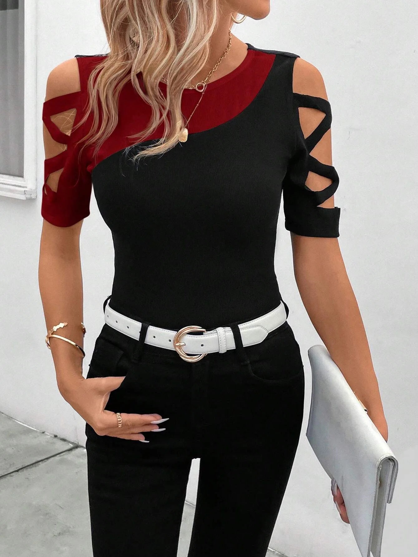 Tricou femei T-shirt Slim Color Block Office Fashion Street Top Hollow mânecă scurtă strâmtă tricouri pentru femei