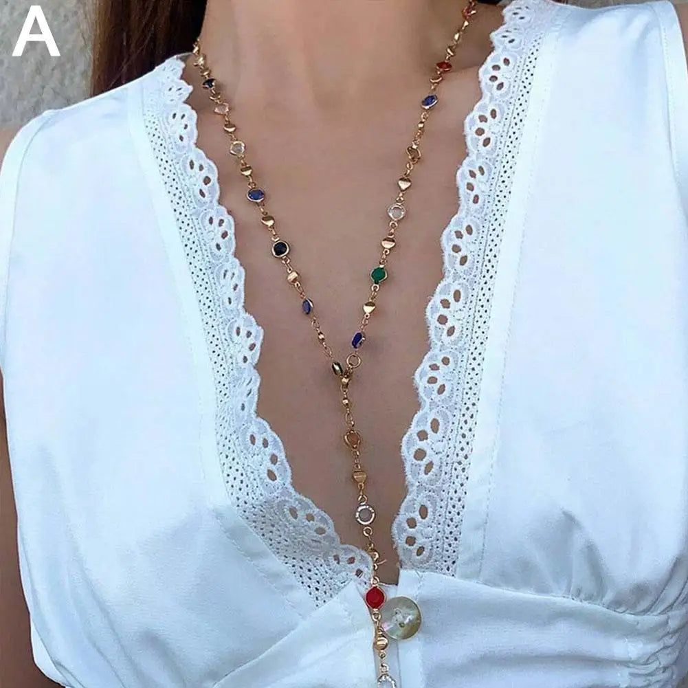 Bohemian Colorful Glass Long Y-Shaped Necklace Metal Collarbone Chain Gold Silver Color Summer Holiday Party Body Jewelry Gifts