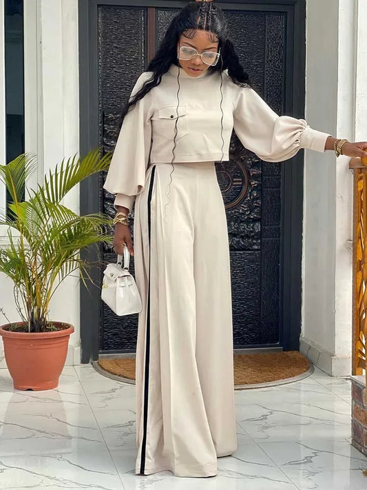 Elegant Women's Sets Two Pieces Solid Color Set Autumn Spring Piece Long Sleeve Loose Blouse and Pants Female Suit Bourgeois - Golden Bridge Store