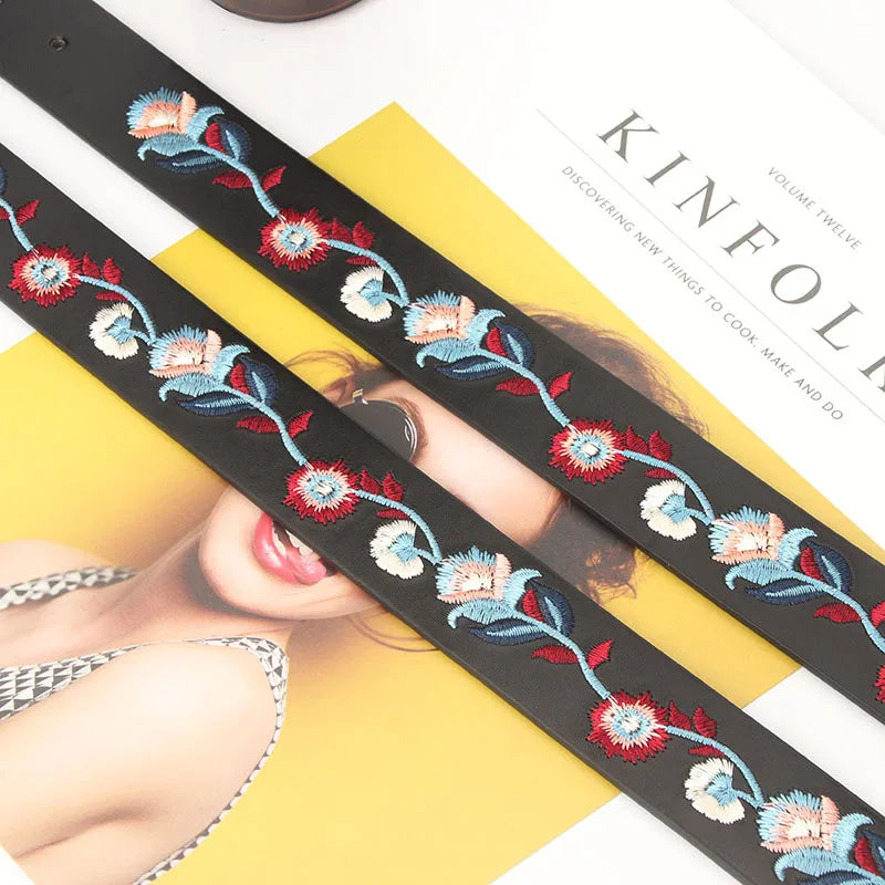 Curea din piele pentru femei, cu flori brodate, la modă, casual, design de lux, simplă, versatilă, gotică, retro, cu cataramă cu știft, nouă