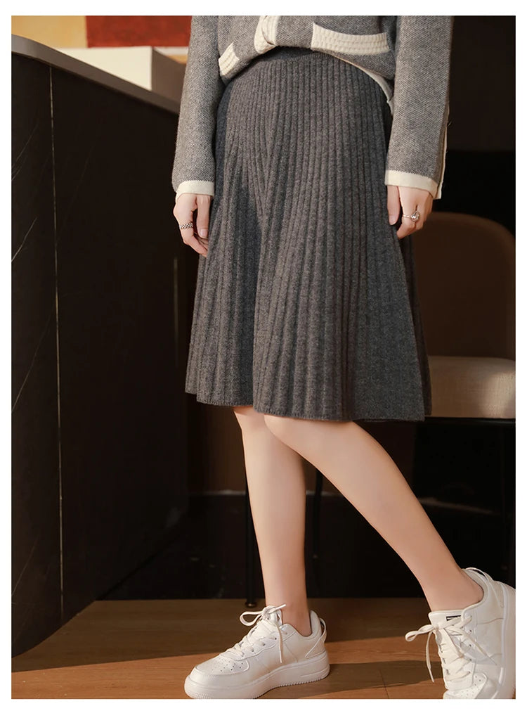 Fustă elegantă pentru femei, 100% lână, tricotată, modă coreeană, solidă, casual, linie A, plisată, scurtă, primăvară șic, talie înaltă, fustă