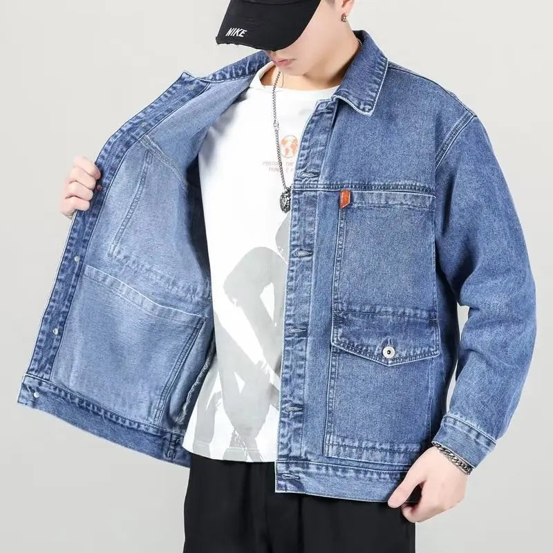 Black Blue Denim Short Jacket Men Jeans Jacket Coats Casual Windbreaker Pockets Overalls Bomber Streetwear Man Clothing Outwear