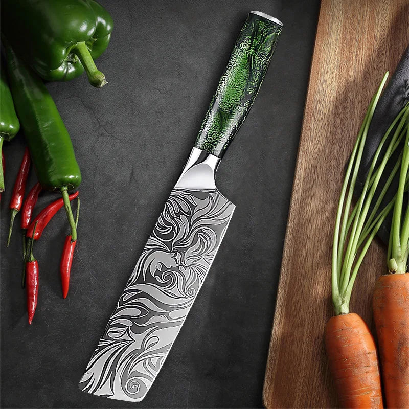 Super Sharp Damascus Pattern Kitchen Knife Set High Quality Chef Santoku Boning Paring Knife Series Green Resin Handle Nice Gift