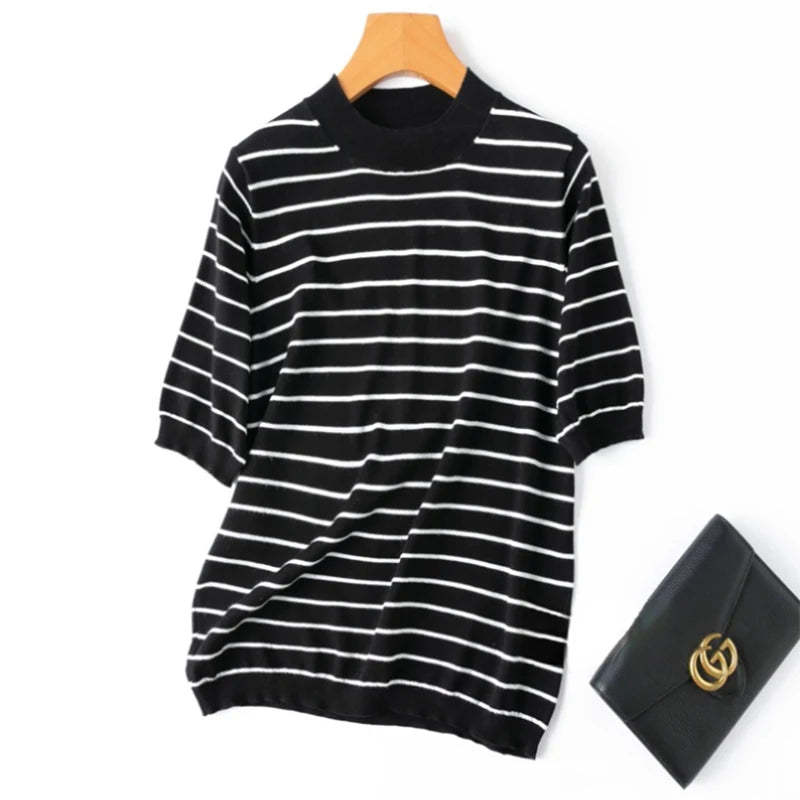 Women Knit T-Shirt 70% Mulberrry Silk 30% Cotton Round Neck Stripes Short Sleeve Sweater Pullover Top Shirt L XL XXL LY040