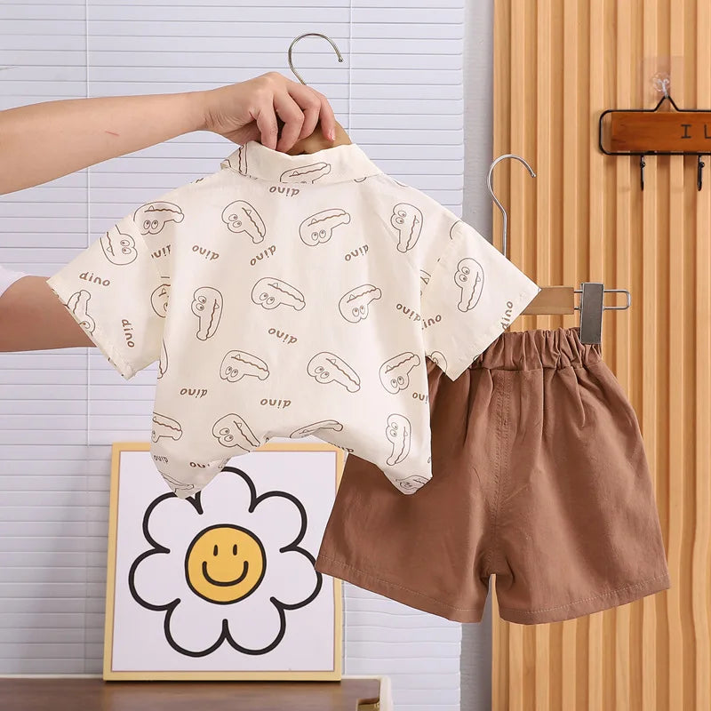 Children Clothes Sets Kids Sport Boys Causal Full Printe Crocodile Shirt Shorts with Tie 2Pcs Infant Baby Tracksuits 0-5 Ages