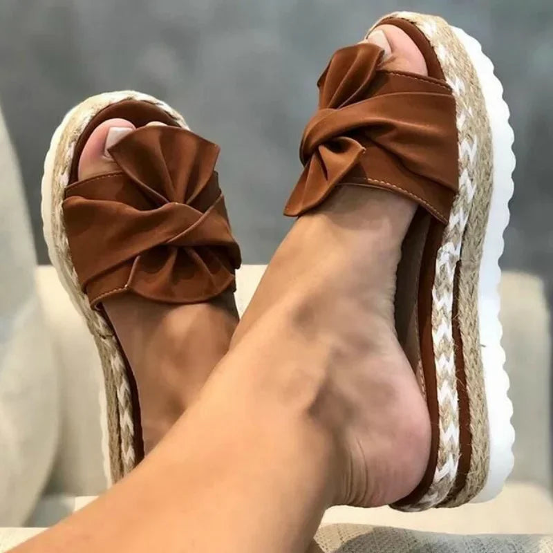 Women Slippers Summer 2023 Platform Wedges Mid Heels Bow Tie Peep Toe Fashion Slides Beach Outdoor Ladies Shoes Zapatos De Mujer