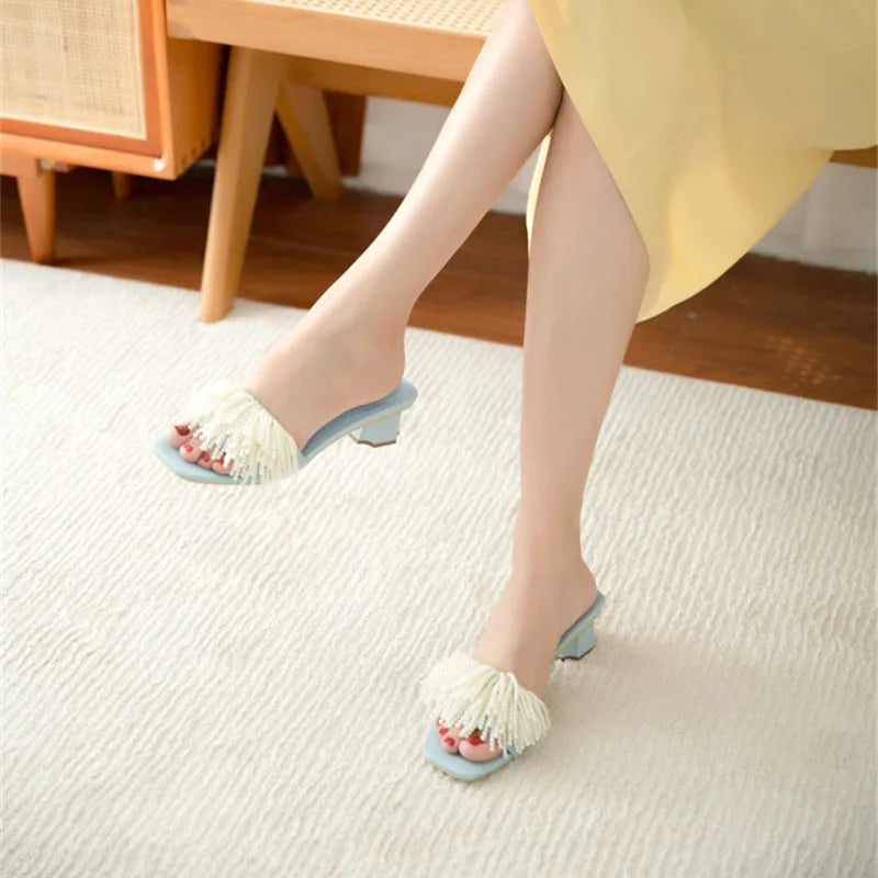Pearl Beads Women Slippers Blue Flat Shoes Female Summer Outside Slides Ladies Casual Beach Slipper Handmade Gladiator Sandals