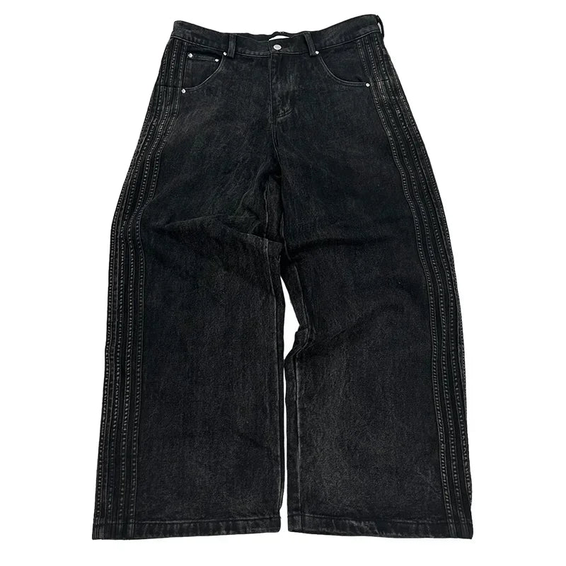 Unisex Jeans 2025 - High Street Vintage Striped Embroidered Harajuku Hip Hop Baggy