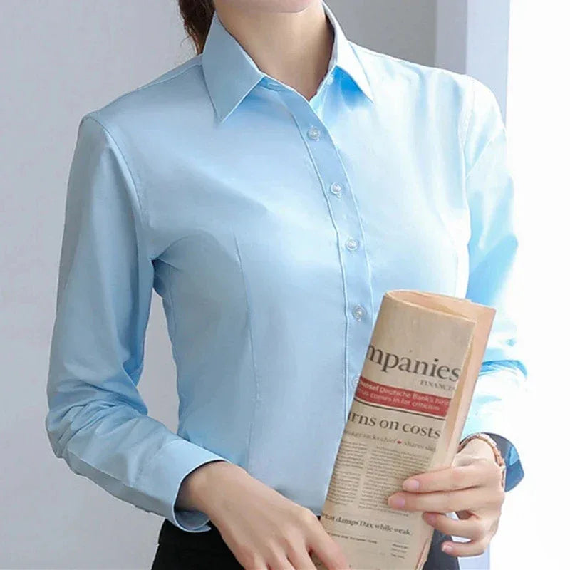 Elegant Women Shirts Woman White Shirt Long Sleeve Blouse Office Lady business Pink Shirts Button Solid Women work Blouses Tops - Golden Bridge Store