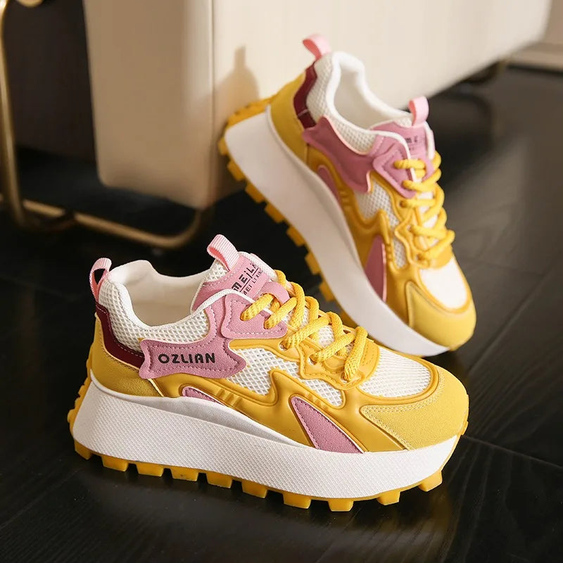 Women‘s Trendy Color-blocked Brand Design Thick-soled Sneakers 2024 Spring and autumn New  Lace-up Mesh Breathable Tennis Shoes