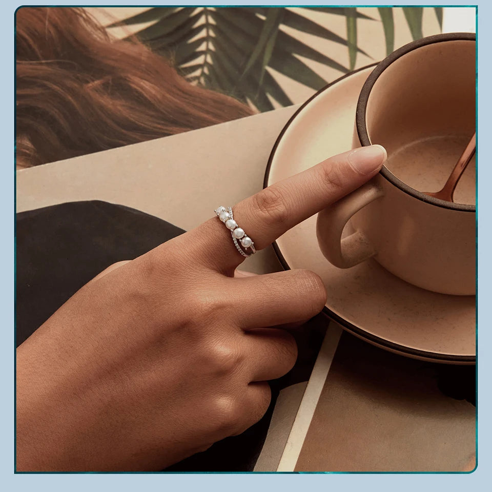 Inel din argint 925 cu perle BISAER - strat dublu de zirconiu alb - pentru femei elegante, nuntă, logodnă, bijuterii fine originale