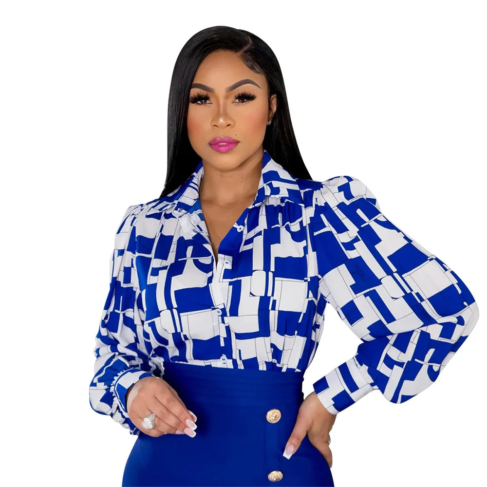 Elegant 2 Piece Set Women OL Outfits Fashion Business Long Sleeve Print Blouse Shirt High Waist Bodycon Skirt Sexy Office Work