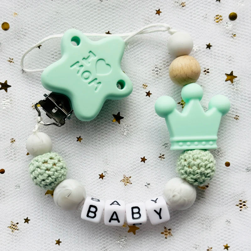 Nou personalizat nume personalizat suzetă clemă lucrată manual din lemn de fag lanț silicon coroană suport suzetă bebeluși jucărie de mestecat cadou de mestecat