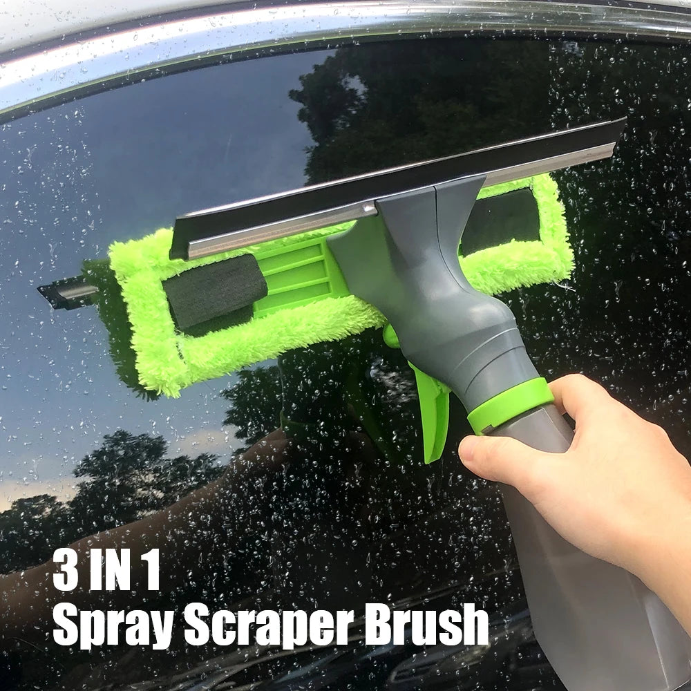 Spray Scraper Brush Water Spray Window Cleaner Glass Scraping Wiper Microfiber Cloth Pad Kit Household Cleaning Tool 3 in 1