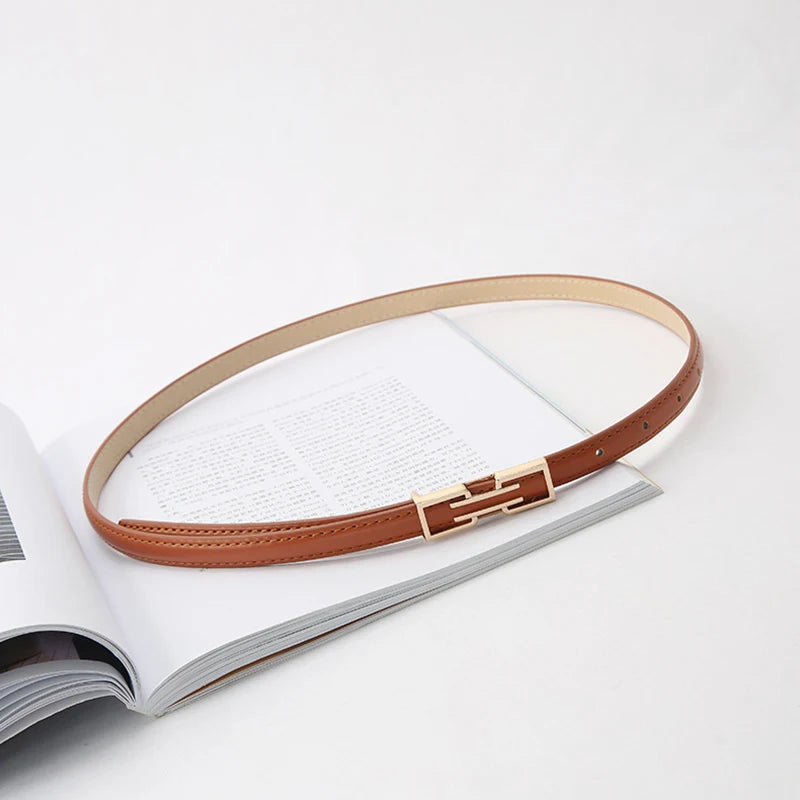 Leather Thin Belt For Women Personalized New Fashion Metal Buckle Waist Strap Female Jeans Dress Trouser Decorative Waistband