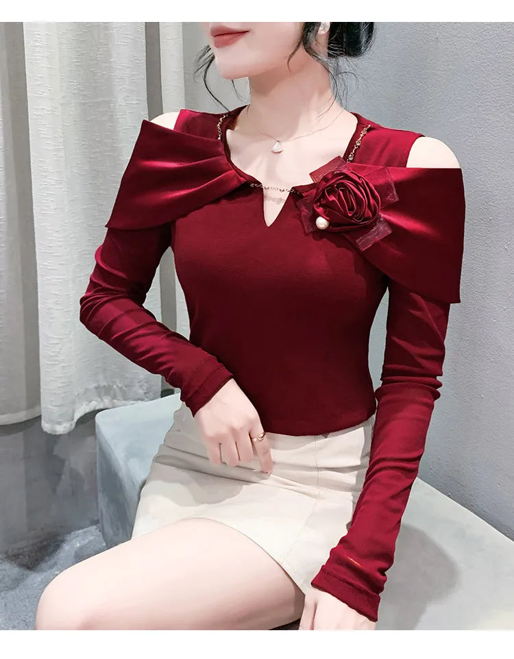 Women T-shirt Fashion T Shirt Cotton Slim Tee For Ladies Autumn Clothing New Long Sleeve Beading V-Neck Tops