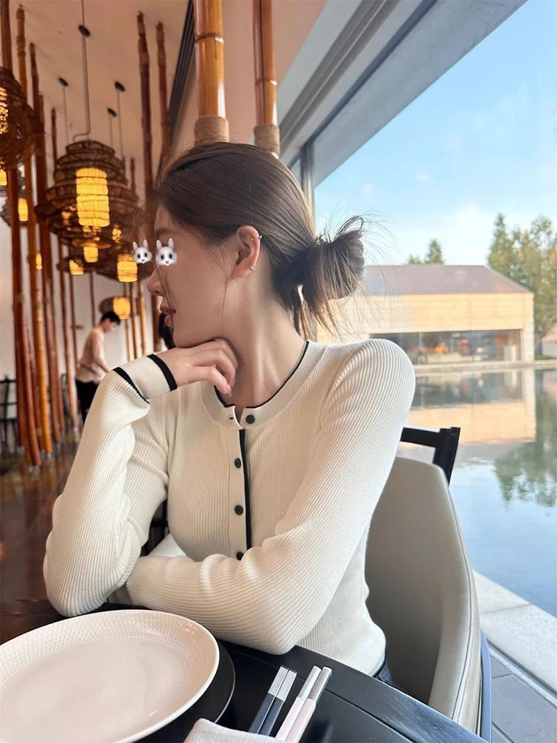 Cardigan tricotat cu model patchwork ZOKICN - mânecă lungă subțire, alb, mărimea M, greutate 120-220 g/m²