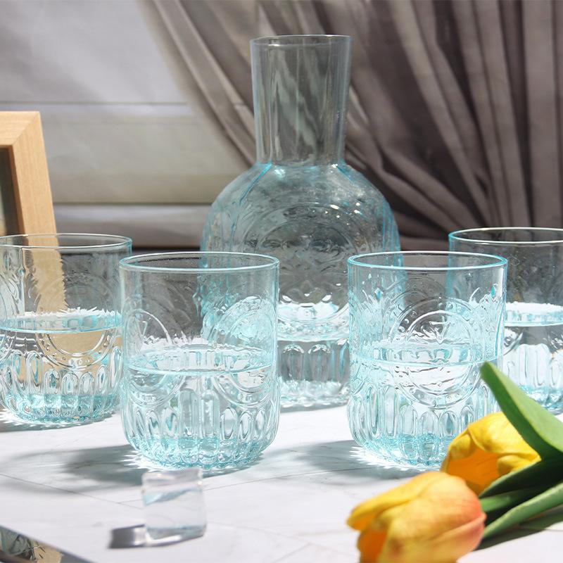 Glass Embossed Cold Water Kettle Set, European Style, Vintage Water Cooler, Household Kettle, Five Piece Water Set