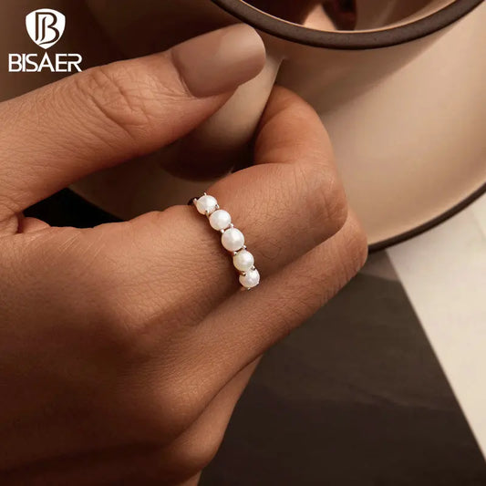BISAER 925 Sterling Silver Pearl Ring Double Layer White Gold Zircon For Elegant Women Wedding Engagement Original Fine Jewelry