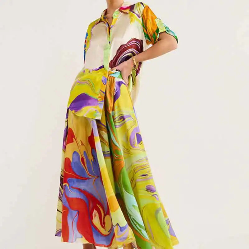 Elegant 2-piece Sets for Women Summer Fashion Printing Half Sleeved Shirt Top Suits Casual Loose Lace Up High Waisted Skirt Set