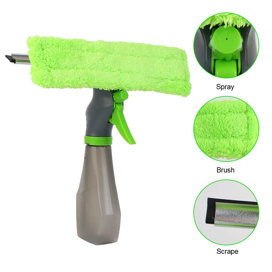 Spray Scraper Brush Water Spray Window Cleaner Glass Scraping Wiper Microfiber Cloth Pad Kit Household Cleaning Tool 3 in 1
