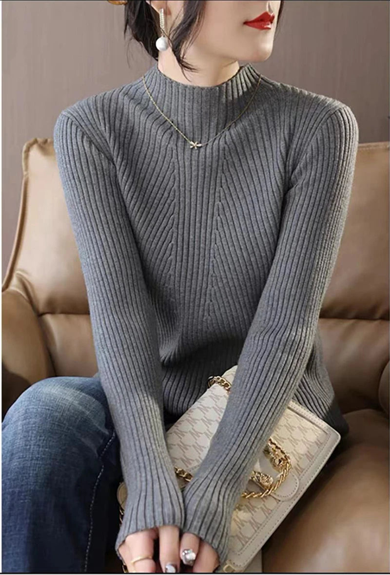 Pulover Livia cu guler înalt slim, cu nervuri - S-XL, mânecă lungă