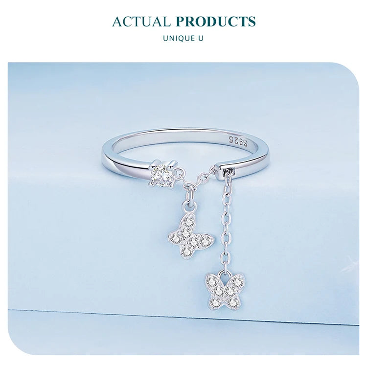 WOSTU 925 Sterling Silver Butterfly Link Open Rings pentru femei delicat strălucitor zircon reglabil inel Fine Party bijuterii cadou