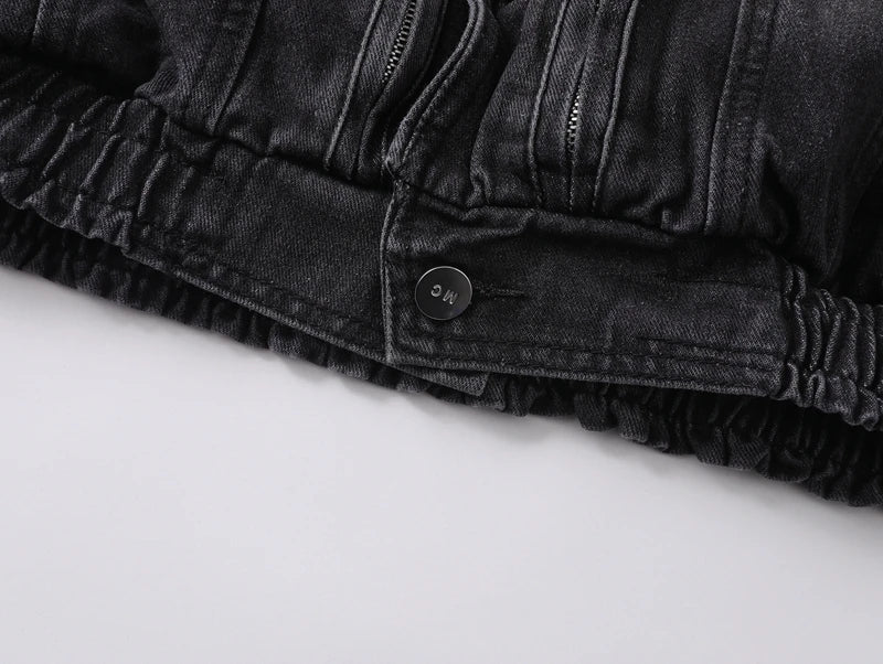 Washed Black Cargo Denim Jacket Men Baggy Zip Up Distressed Outerwear American High Street Blue Loose Casual Jeans Jacket