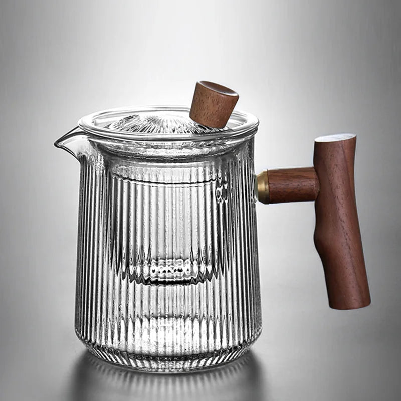 Japanese Heat Resistant Vertical Stripe Glass Tea Pot Wood Handle Teapot Kung Fu Tea Set Puer Kettle Coffee Glass Pot Teaware