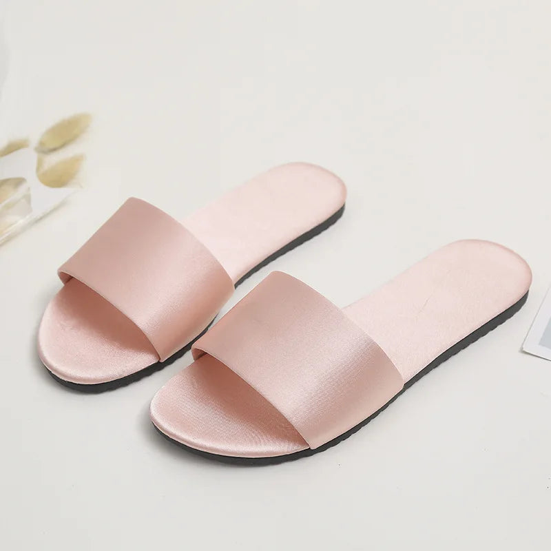 Women Beach Slippers 2024 Summer Flat Shoes Woman Slip On Slides Silk Style Female Slip On Sandals Girls Indoor Outdoor Slippers